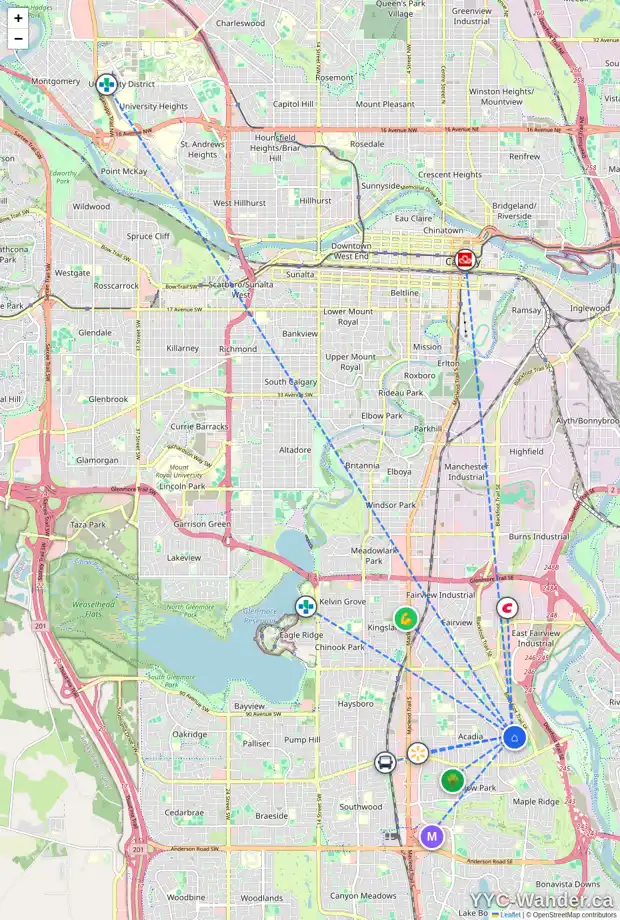 Daily accessibility map for 832 94 AV SE, Calgary showing nearby schools, grocery stores, parks, LRT stations and nearby amenities