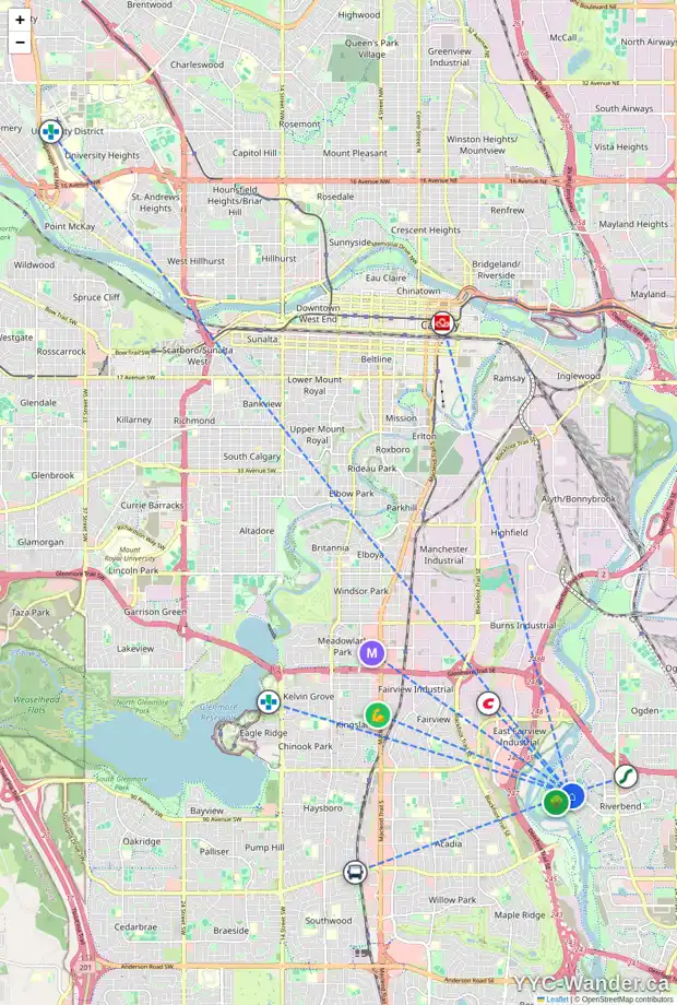 Daily accessibility map for 220 RIVERSIDE BA SE, Calgary showing nearby schools, grocery stores, parks, LRT stations and nearby amenities