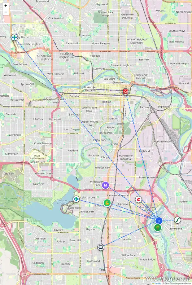 Daily accessibility map for 204 RIVERSIDE ME SE, Calgary showing nearby schools, grocery stores, parks, LRT stations and nearby amenities