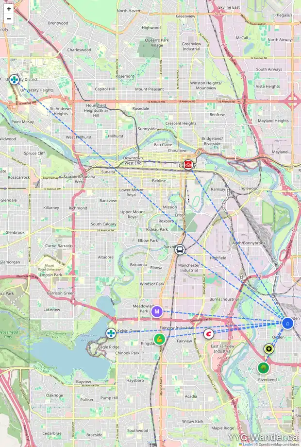 Daily accessibility map for 2304 CRESTWOOD RD SE, Calgary showing nearby schools, grocery stores, parks, LRT stations and nearby amenities