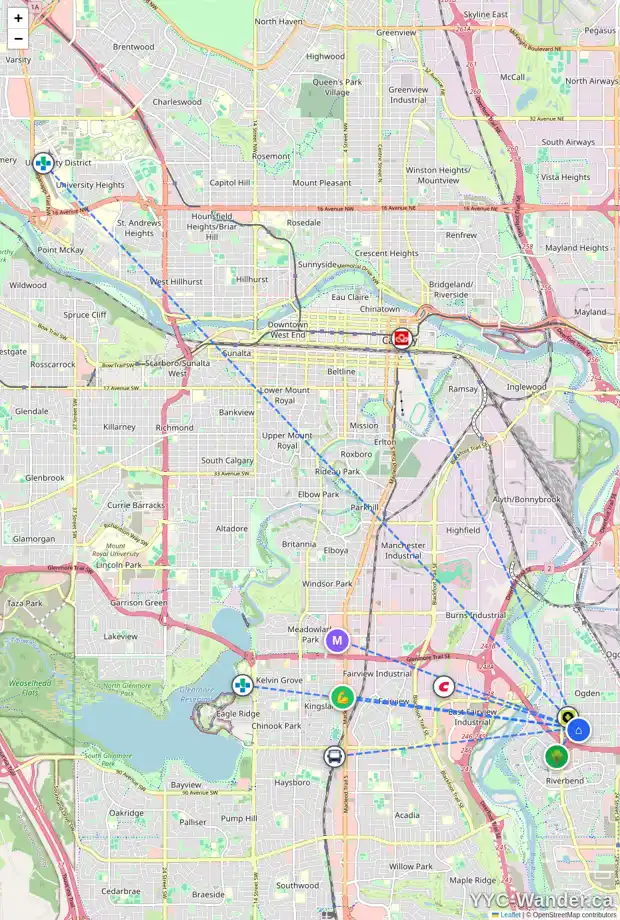 Daily accessibility map for 85 OLYMPIA CR SE, Calgary showing nearby schools, grocery stores, parks, LRT stations and nearby amenities