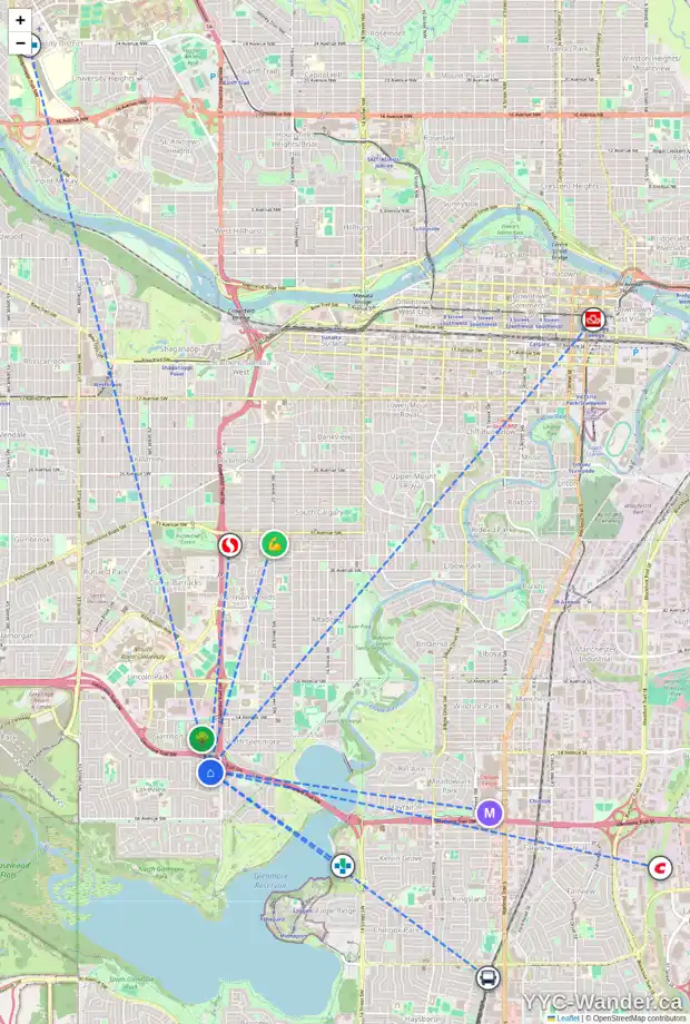 Daily accessibility map for 6123 LACOMBE WY SW, Calgary showing nearby schools, grocery stores, parks, LRT stations and nearby amenities