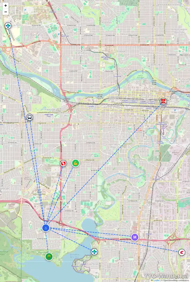 Daily accessibility map for 3008 LANCASTER WY SW, Calgary showing nearby schools, grocery stores, parks, LRT stations and nearby amenities