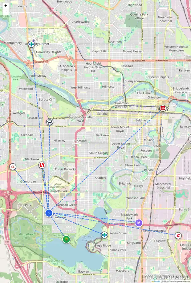Daily accessibility map for 6003 34 ST SW, Calgary showing nearby schools, grocery stores, parks, LRT stations and nearby amenities