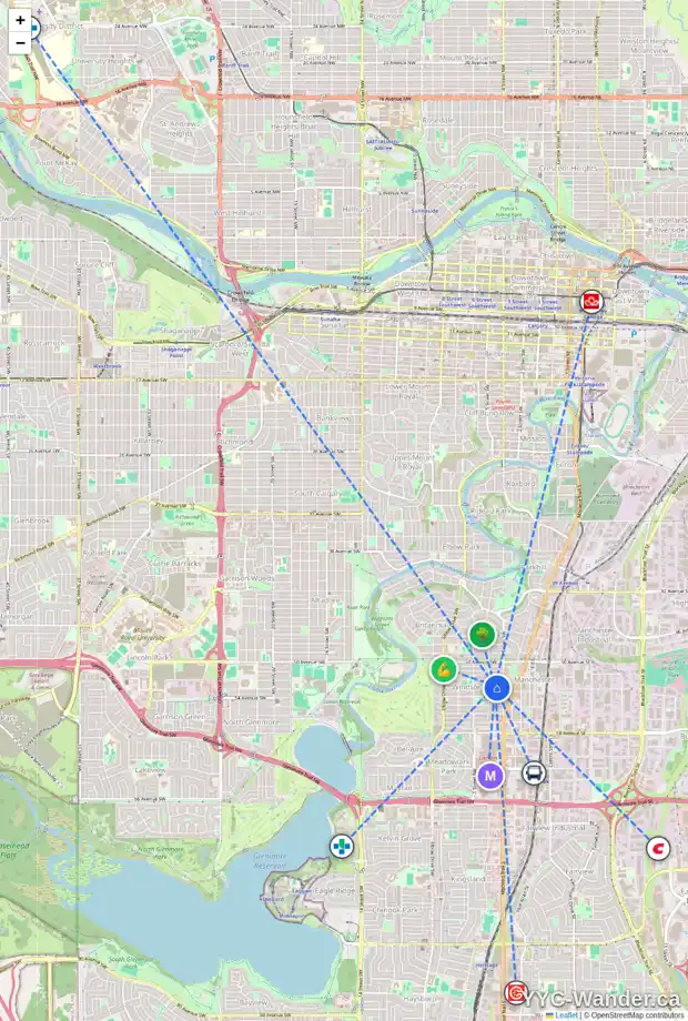 Daily accessibility map for 424 53 AV SW, Calgary showing nearby schools, grocery stores, parks, LRT stations and nearby amenities