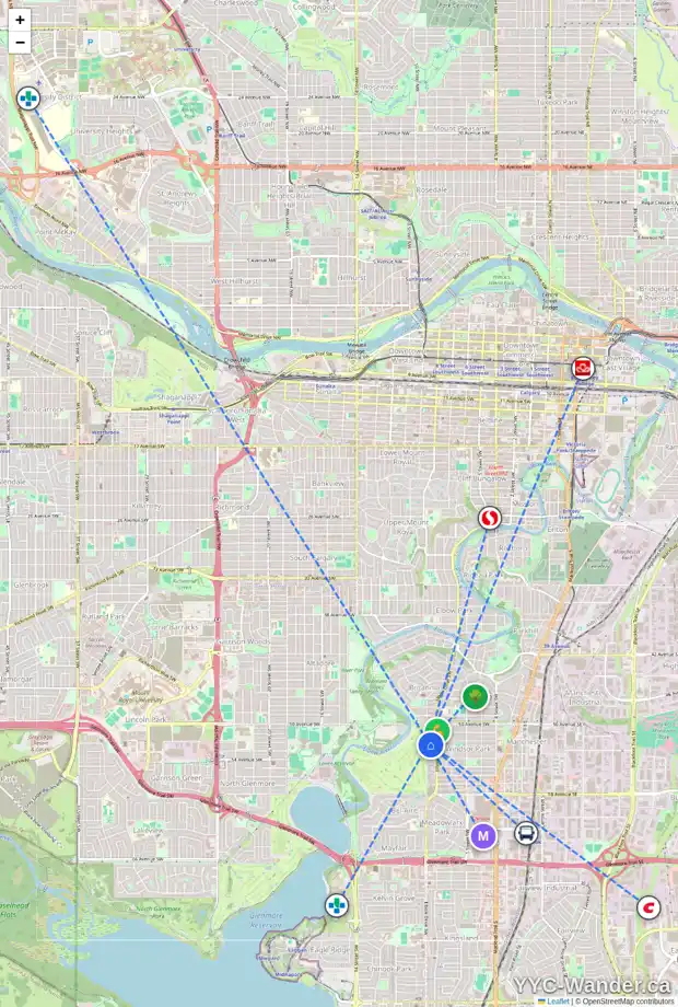 Daily accessibility map for 35 WINDSOR CR SW, Calgary showing nearby schools, grocery stores, parks, LRT stations and nearby amenities