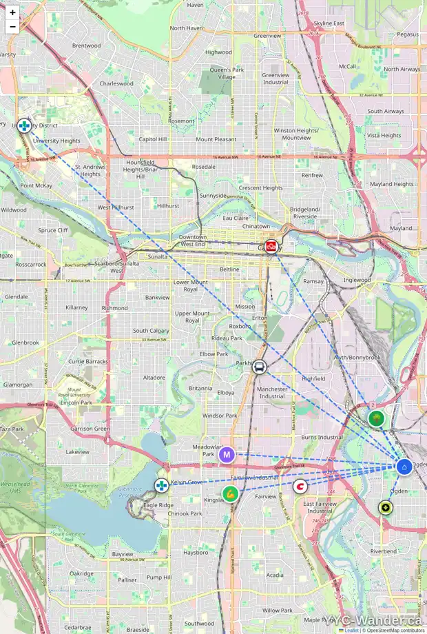 Daily accessibility map for 2184 CRESTWOOD RD SE, Calgary showing nearby schools, grocery stores, parks, LRT stations and nearby amenities