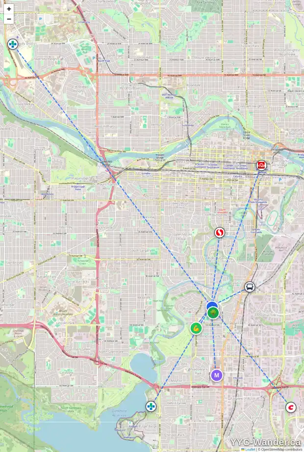 Daily accessibility map for 524 BRUNSWICK AV SW, Calgary showing nearby schools, grocery stores, parks, LRT stations and nearby amenities