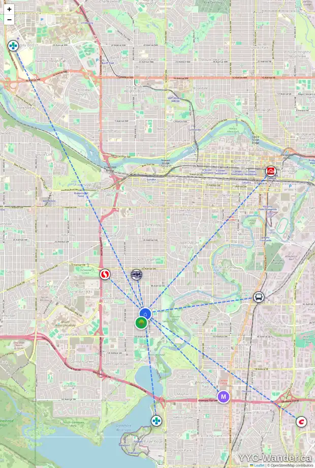 Daily accessibility map for 4507 16A ST SW, Calgary showing nearby schools, grocery stores, parks, LRT stations and nearby amenities