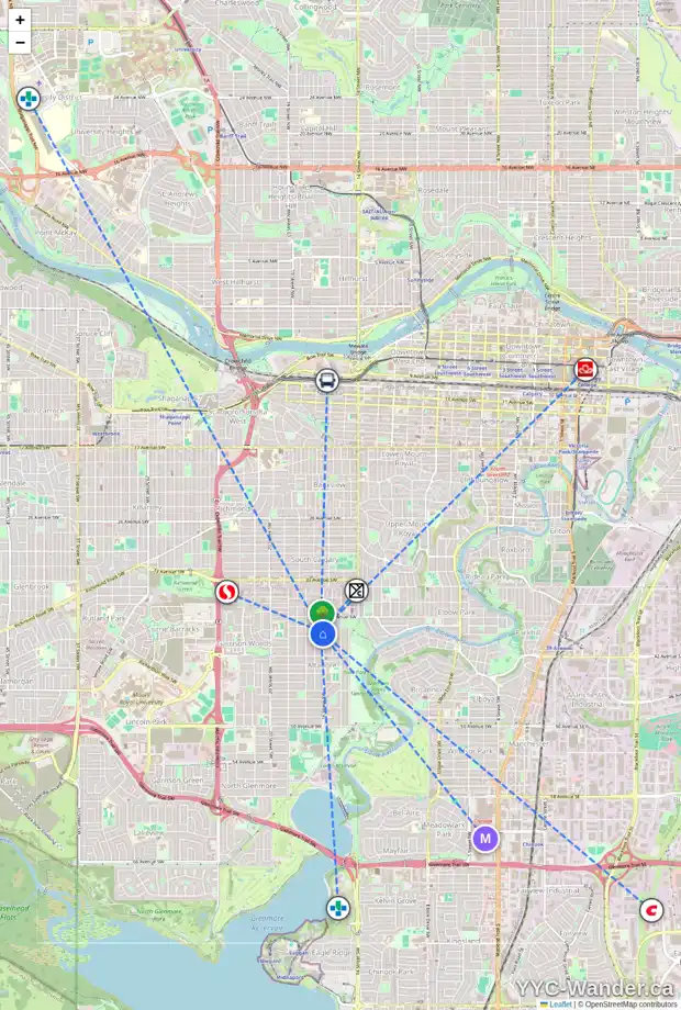 Daily accessibility map for 4015 16 ST SW, Calgary showing nearby schools, grocery stores, parks, LRT stations and nearby amenities