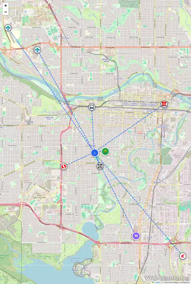 Daily accessibility map for 1622 29 AV SW, Calgary showing nearby schools, grocery stores, parks, LRT stations and nearby amenities