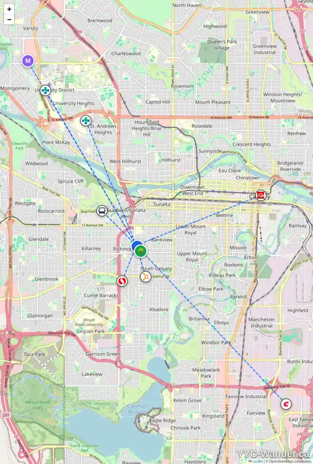 Daily accessibility map for 2513 21 ST SW, Calgary showing nearby schools, grocery stores, parks, LRT stations and nearby amenities