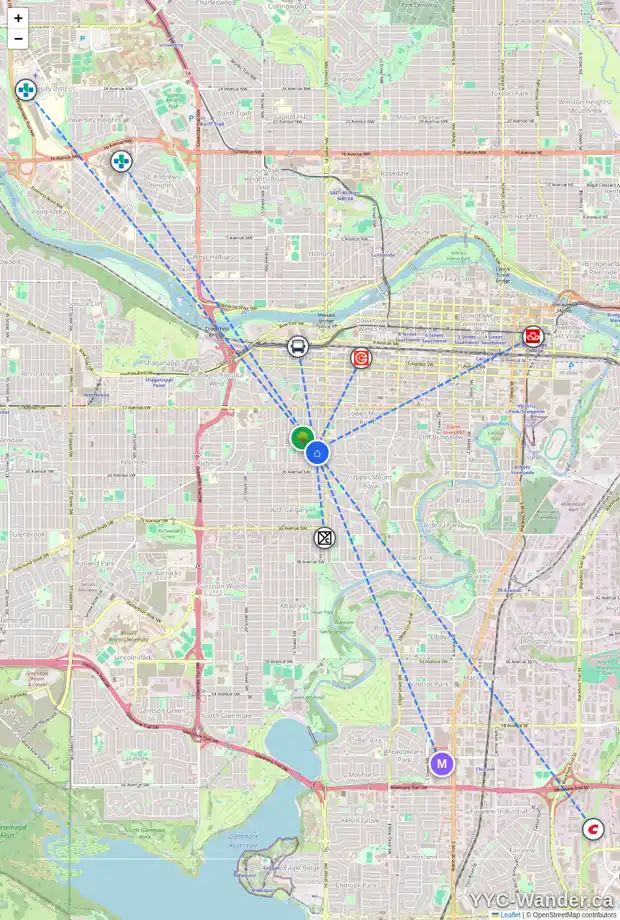 Daily accessibility map for 7 2400 15 ST SW, Calgary showing nearby schools, grocery stores, parks, LRT stations and nearby amenities