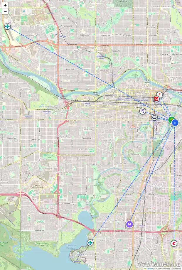 Daily accessibility map for 1907 RAMSAY ST SE, Calgary showing nearby schools, grocery stores, parks, LRT stations and nearby amenities