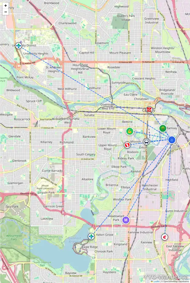Daily accessibility map for 835 23 AV SE, Calgary showing nearby schools, grocery stores, parks, LRT stations and nearby amenities