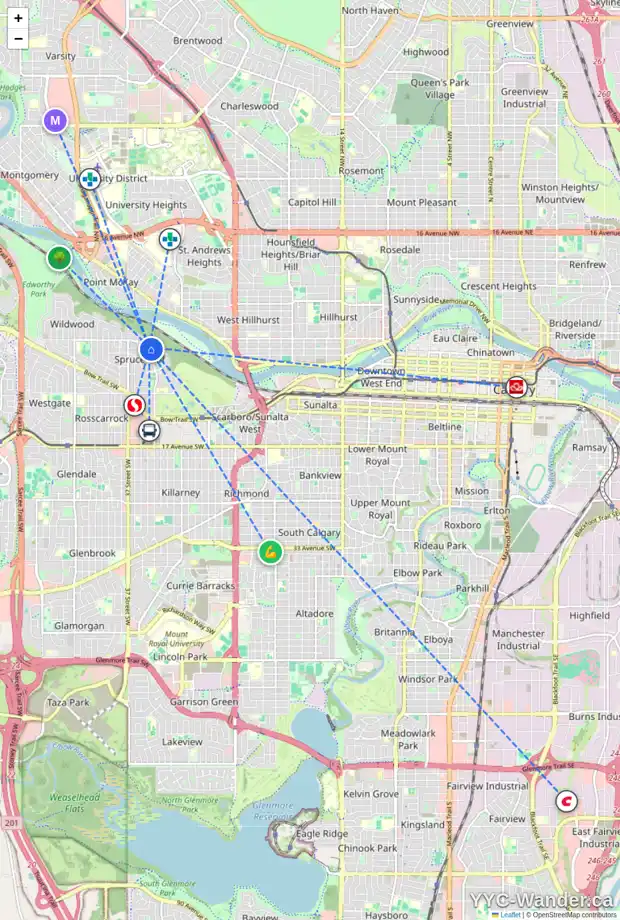 Daily accessibility map for 3523 SPRUCE DR SW, Calgary showing nearby schools, grocery stores, parks, LRT stations and nearby amenities