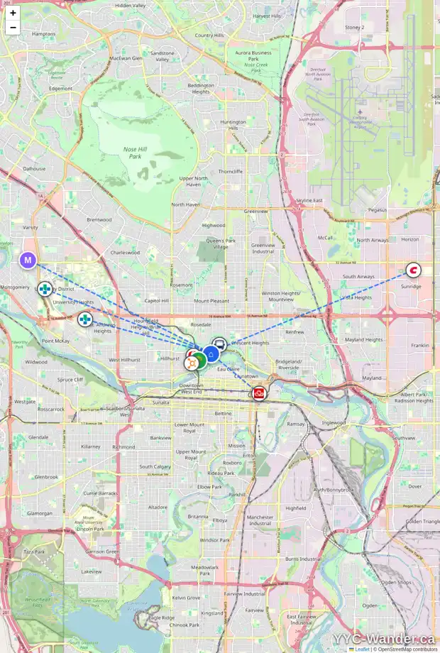 Daily accessibility map for 730 1 AV NW, Calgary showing nearby schools, grocery stores, parks, LRT stations and nearby amenities