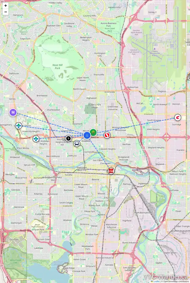 Daily accessibility map for 901 18 AV NW, Calgary showing nearby schools, grocery stores, parks, LRT stations and nearby amenities