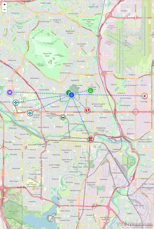 Daily accessibility map for 923 31 AV NW, Calgary showing nearby schools, grocery stores, parks, LRT stations and nearby amenities