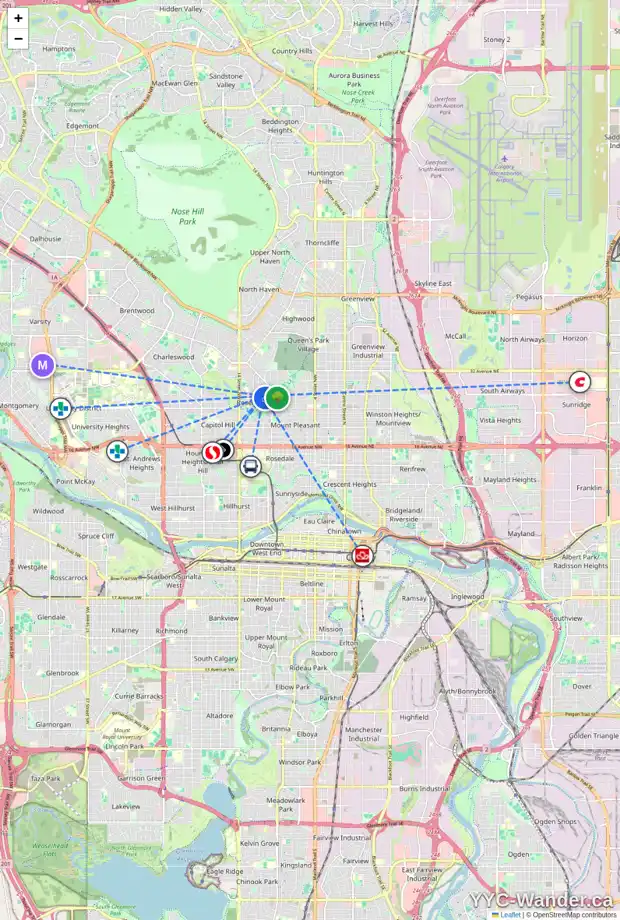 Daily accessibility map for 55 ROSERY DR NW, Calgary showing nearby schools, grocery stores, parks, LRT stations and nearby amenities