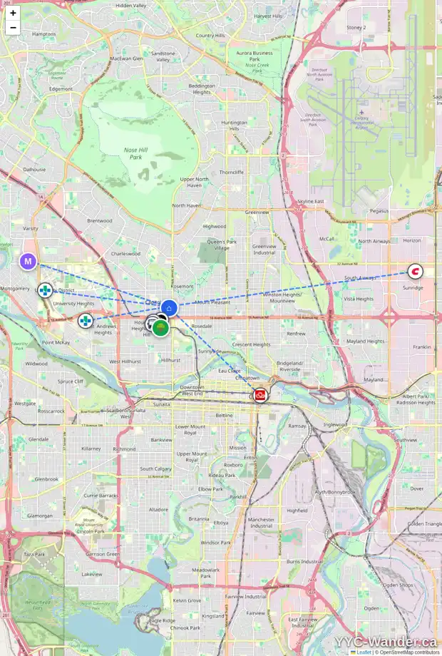 Daily accessibility map for 1534 19 AV NW, Calgary showing nearby schools, grocery stores, parks, LRT stations and nearby amenities