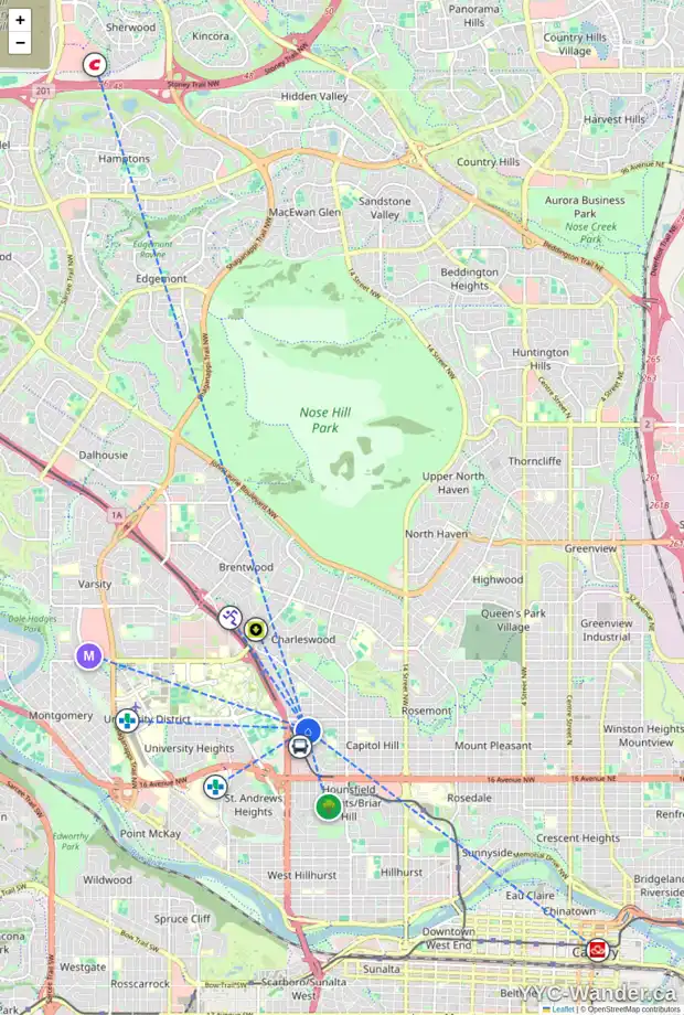Daily accessibility map for 2431 22A ST NW, Calgary showing nearby schools, grocery stores, parks, LRT stations and nearby amenities