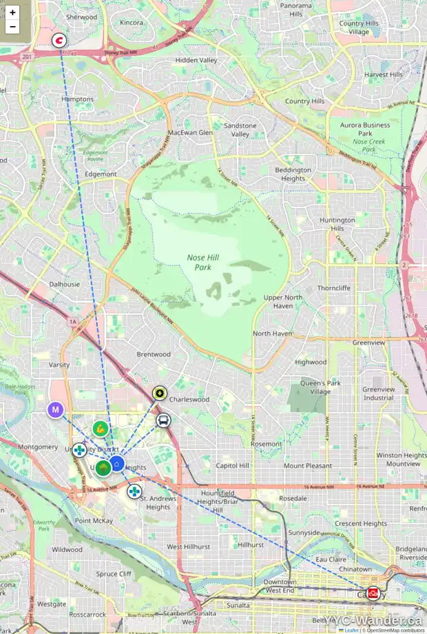 Daily accessibility map for 2332 UXBRIDGE DR NW, Calgary showing nearby schools, grocery stores, parks, LRT stations and nearby amenities
