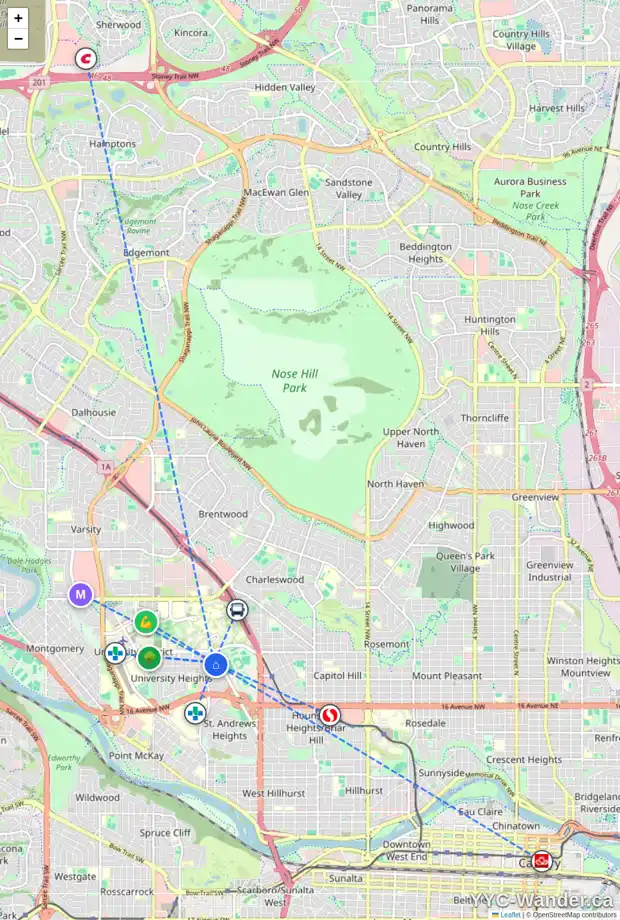 Daily accessibility map for 2303 USHER RD NW, Calgary showing nearby schools, grocery stores, parks, LRT stations and nearby amenities
