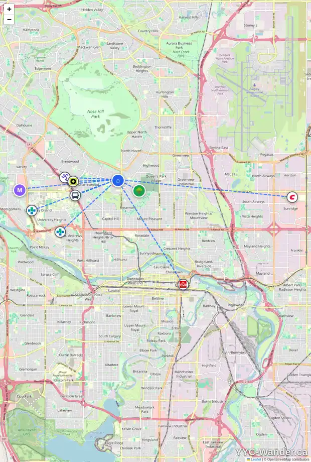 Daily accessibility map for 50 CHELTENHAM RD NW, Calgary showing nearby schools, grocery stores, parks, LRT stations and nearby amenities