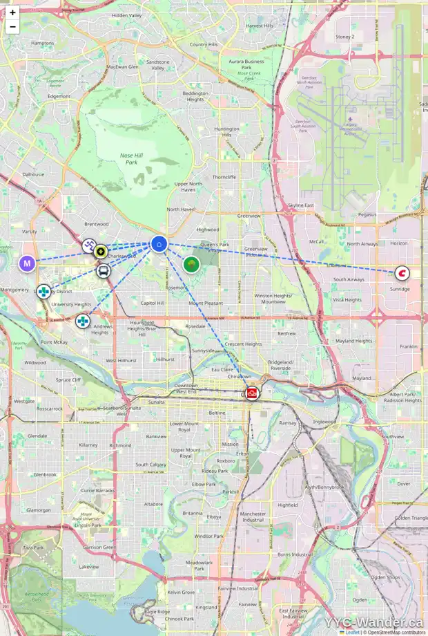Daily accessibility map for 4019 COMANCHE RD NW, Calgary showing nearby schools, grocery stores, parks, LRT stations and nearby amenities