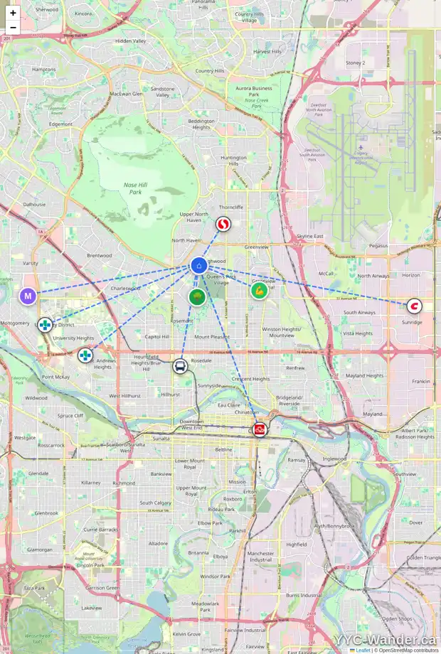 Daily accessibility map for 487 NORTHMOUNT DR NW, Calgary showing nearby schools, grocery stores, parks, LRT stations and nearby amenities