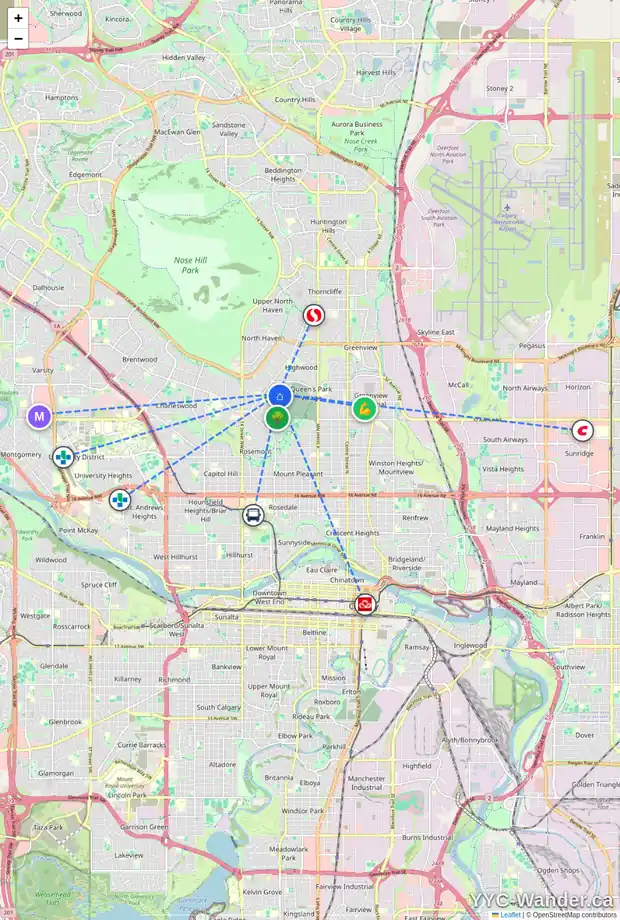 Daily accessibility map for 42 CARDIFF DR NW, Calgary showing nearby schools, grocery stores, parks, LRT stations and nearby amenities