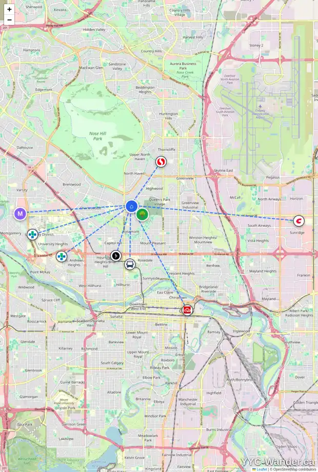 Daily accessibility map for 14 CADOGAN RD NW, Calgary showing nearby schools, grocery stores, parks, LRT stations and nearby amenities