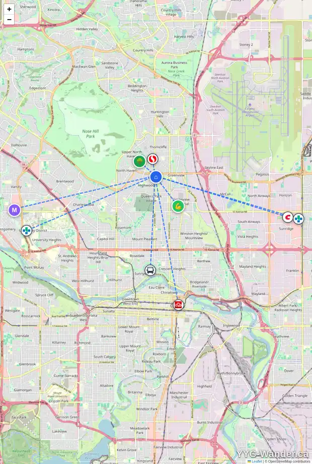Daily accessibility map for 2 HIGHLAND PL NW, Calgary showing nearby schools, grocery stores, parks, LRT stations and nearby amenities