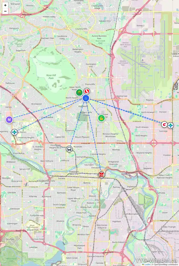 Daily accessibility map for 603 THORNHILL DR NW, Calgary showing nearby schools, grocery stores, parks, LRT stations and nearby amenities