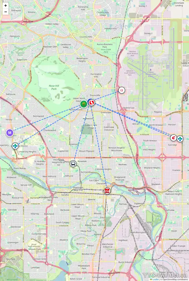 Daily accessibility map for 704 THORNEYCROFT DR NW, Calgary showing nearby schools, grocery stores, parks, LRT stations and nearby amenities
