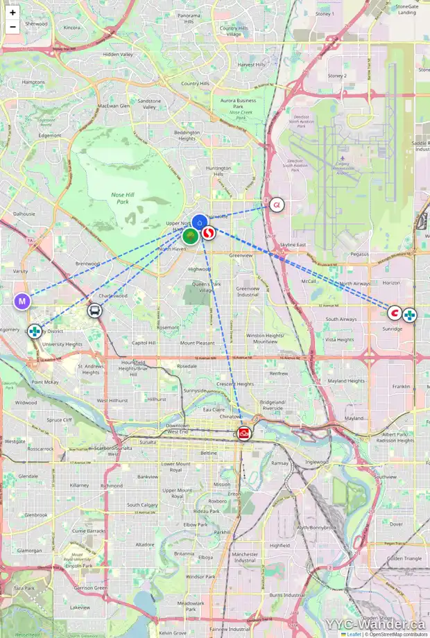 Daily accessibility map for 908 THORNEYCROFT DR NW, Calgary showing nearby schools, grocery stores, parks, LRT stations and nearby amenities