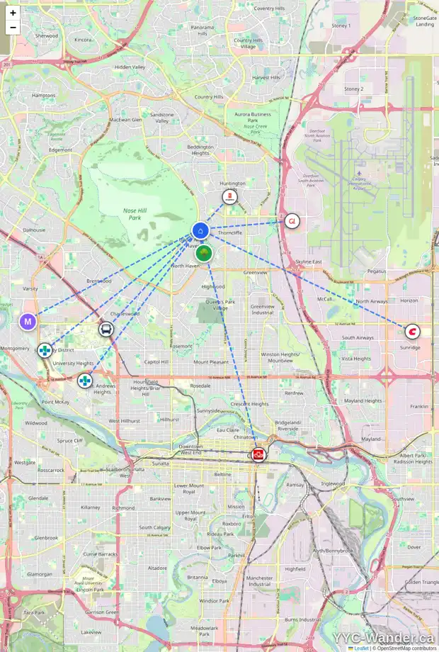 Daily accessibility map for 215 THEODORE PL NW, Calgary showing nearby schools, grocery stores, parks, LRT stations and nearby amenities