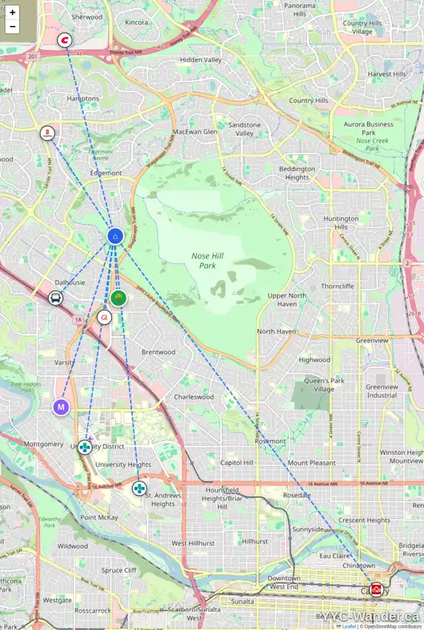 Daily accessibility map for 13 EDELWEISS PT NW, Calgary showing nearby schools, grocery stores, parks, LRT stations and nearby amenities