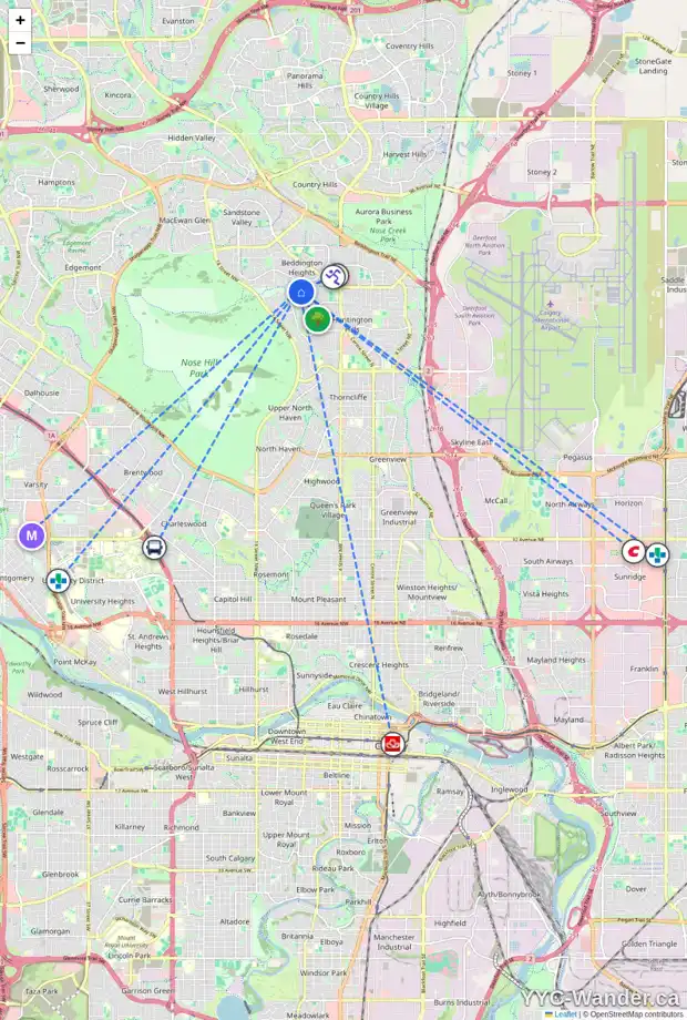 Daily accessibility map for 1104 HUNTERSTON HL NW, Calgary showing nearby schools, grocery stores, parks, LRT stations and nearby amenities