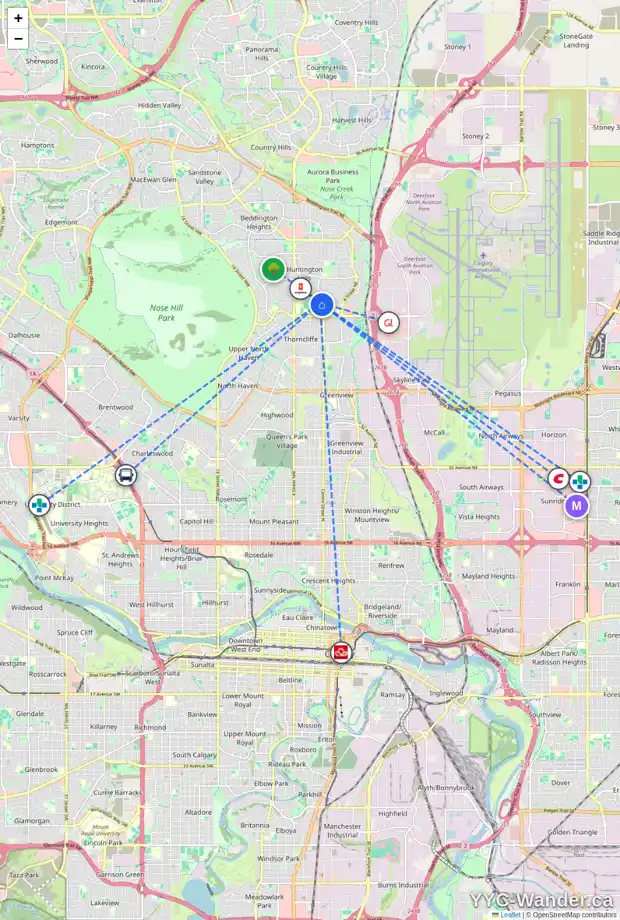 Daily accessibility map for 63 HUNTFORD CL NE, Calgary showing nearby schools, grocery stores, parks, LRT stations and nearby amenities