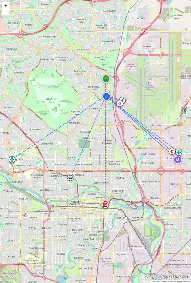 Daily accessibility map for 5 7205 4 ST NE, Calgary showing nearby schools, grocery stores, parks, LRT stations and nearby amenities