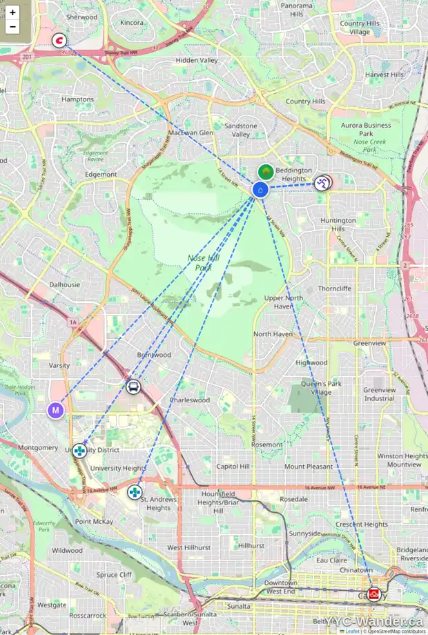 Daily accessibility map for 72 BERMONDSEY CO NW, Calgary showing nearby schools, grocery stores, parks, LRT stations and nearby amenities