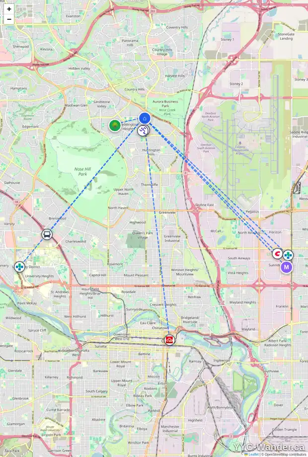Daily accessibility map for 28 BERGEN CR NW, Calgary showing nearby schools, grocery stores, parks, LRT stations and nearby amenities