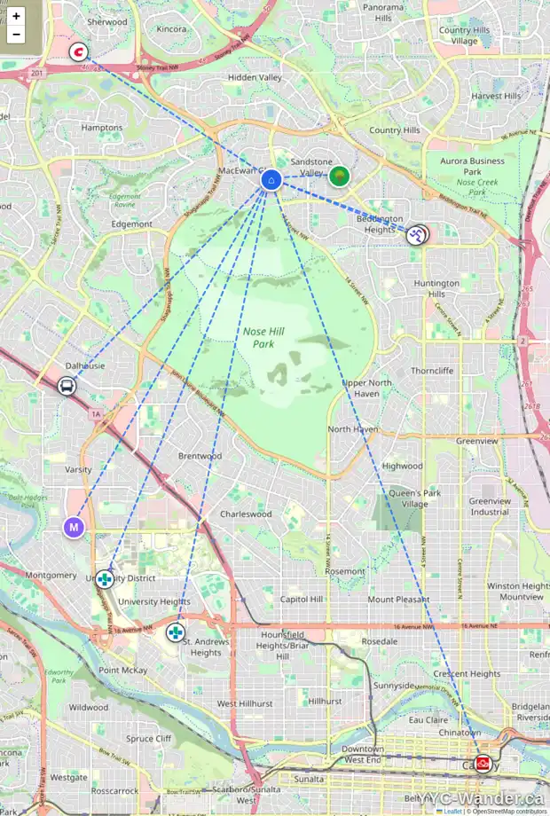 Daily accessibility map for 114 MACEWAN PARK WY NW, Calgary showing nearby schools, grocery stores, parks, LRT stations and nearby amenities