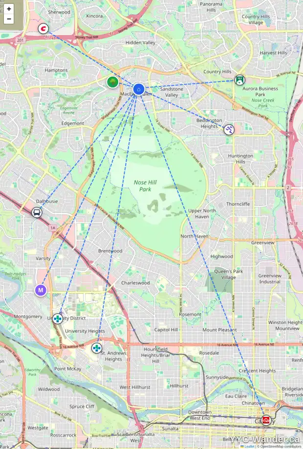 Daily accessibility map for 67 MACEWAN MEADOW WY NW, Calgary showing nearby schools, grocery stores, parks, LRT stations and nearby amenities