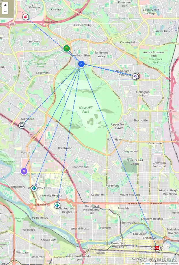 Daily accessibility map for 212 MACEWAN GLEN DR NW, Calgary showing nearby schools, grocery stores, parks, LRT stations and nearby amenities