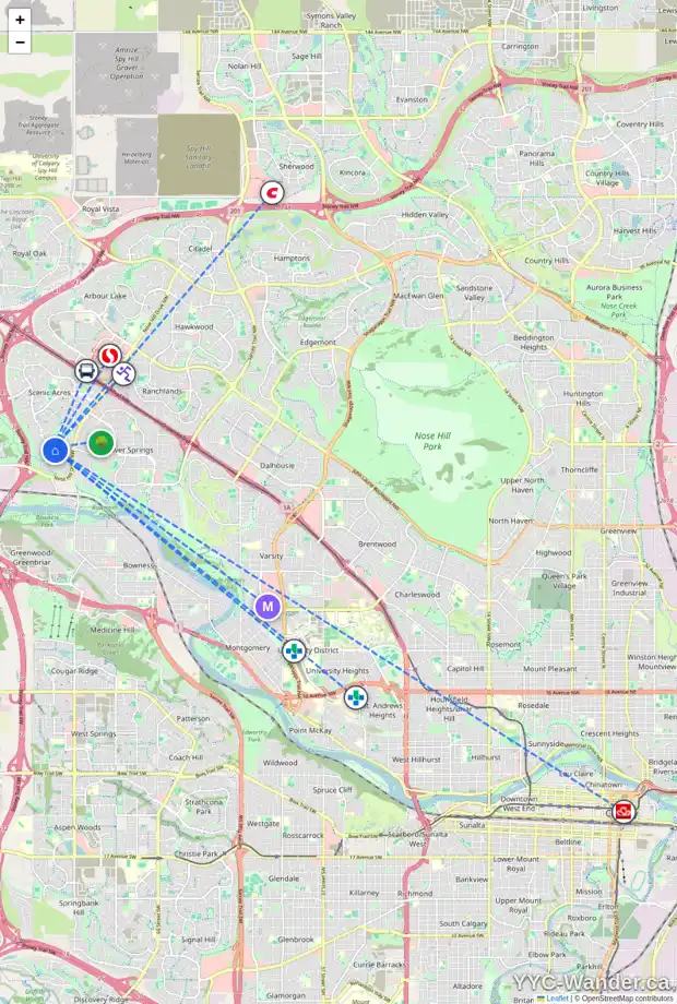 Daily accessibility map for 48 SCENIC RIDGE CR NW, Calgary showing nearby schools, grocery stores, parks, LRT stations and nearby amenities