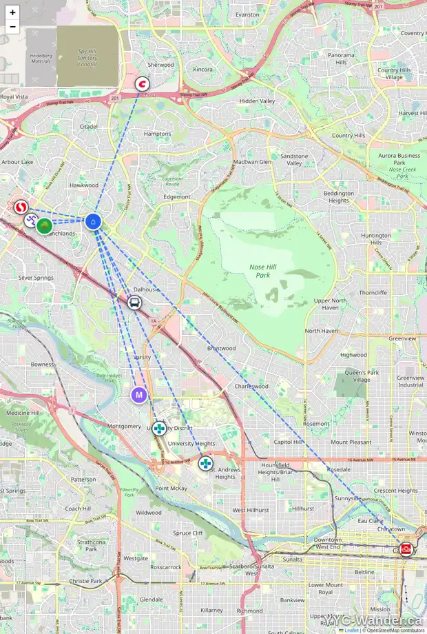 Daily accessibility map for 436 RANCH ESTATES BA NW, Calgary showing nearby schools, grocery stores, parks, LRT stations and nearby amenities
