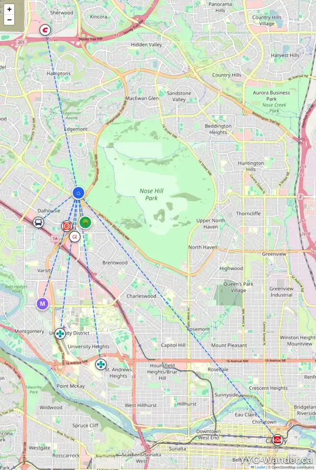 Daily accessibility map for 1036 EDGEMONT RD NW, Calgary showing nearby schools, grocery stores, parks, LRT stations and nearby amenities